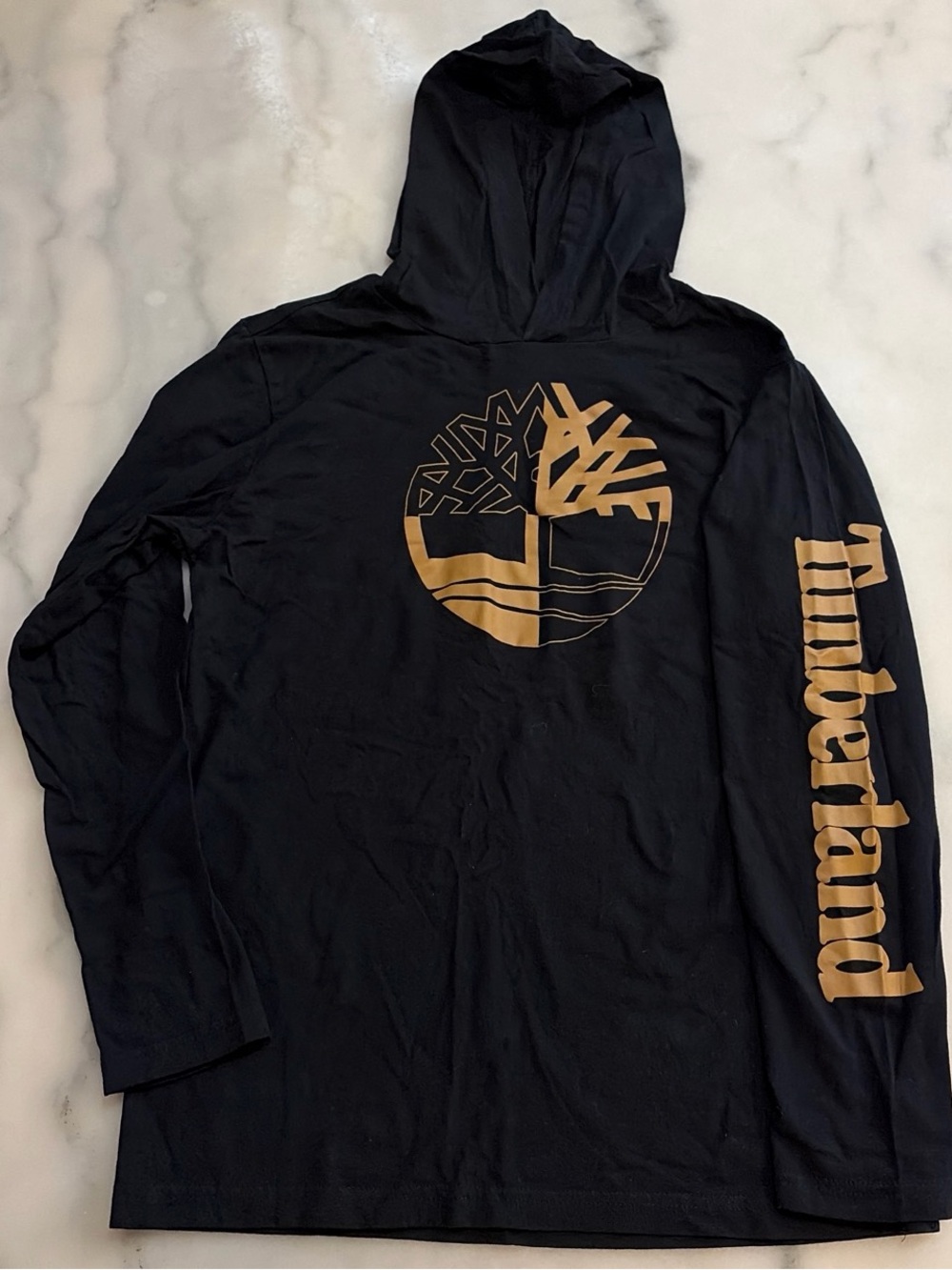 Timberland Black Hooded Long Sleeve Shirt with Gold Logo and Sleeve Print